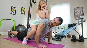 Tiny Bratty Blonde Services Stepdad with Sloppy Gym Blowjob