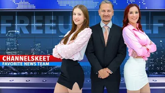 Male Anchor Fucks Redhead Colleague and Young Activist in Threesome