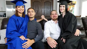 Stepdaughters Celebrate Graduation with Hardcore Threesome and Creampie Swap