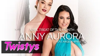 Slender blonde Anny Aurora worships Angela White's massive natural tits