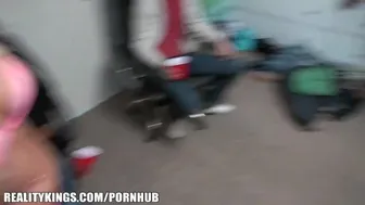 Busty blonde coaxes her timid girlfriend into wild group sex with two guys