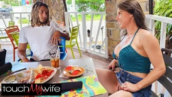 Wife Flashes Shaved Pussy to Stranger and Takes Him Home for Creampie