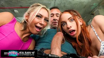 Stepdaughter and Blonde Friend Team Up to Ride Stepdad's Thick Cock