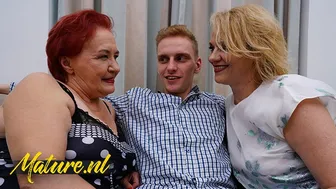Two Blonde and Redhead Grannies Take Turns on a Young Stud's Thick Cock