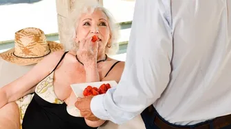 Blonde Granny's Passionate Outdoor Fuck with Muscular Lover on Vacation