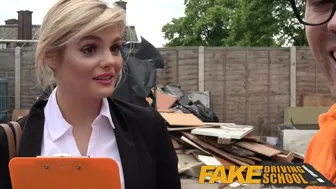 Posh Busty Blonde Examiner Greedily Swallows Cum After Rough Car Fuck