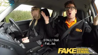 Blonde student with pigtails gets creamy creampie for driving lessons