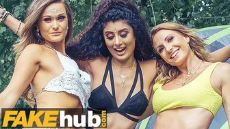 Festival Campsite Threesome with British MILF and Indian Teen