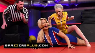 Busty Blonde Bridgette B Dominates Petite Kiara Cole in Steamy Wrestling Lesson