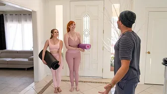 Yoga Instructor Guides Two Busty MILFs Through Intense Stretching Routines