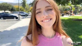 Fiery Redhead Myra Moans Takes Rough Thick Cock in Public Debut