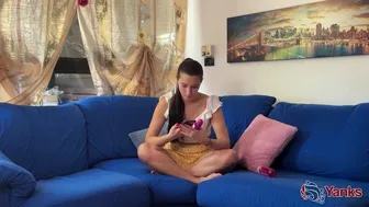 Petite teen rides dildo on couch with cute feet & perky nipples