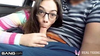 Petite brunette gives a public POV blowjob outside