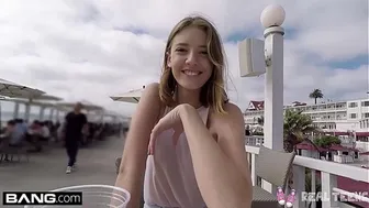 Teen blonde gets her tight pussy played with in public POV