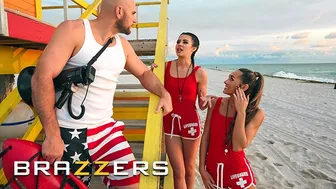 Lifeguards convince their coworker to fuck them both in a wild threesome