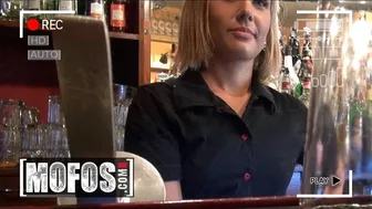 Hot barmaid Rihanna Samuel flashes her tits and sucks cock at the bar
