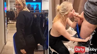 Blonde German babe gives a quick blowjob in the dressing room