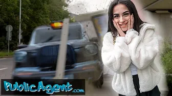 Petite brunette sucks and fucks outdoors after a close call with a taxi