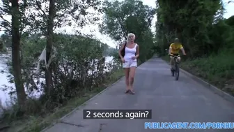 Cute short haired blonde with a tight pussy fucks outdoors for cash