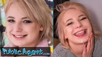 Blonde teen with short hair fucks in public at a bus stop