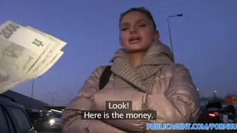 Blonde with amazing boobs gives a public blowjob for cash