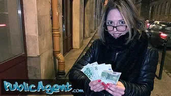 French blonde with glasses takes a thick cock in public stairwell
