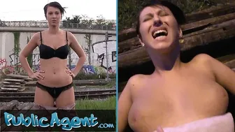 Cute brunette with big natural tits fucks outdoors in public