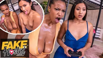 Asian Thai girl and ebony Latina teens have a wild threesome