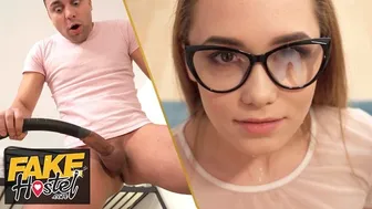 Petite blonde gets stuck and fucked hard in a hostel
