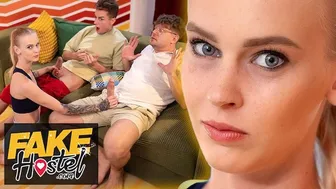 Blonde teen takes two big cocks in her tight pussy for a wild threesome