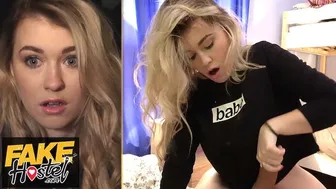 Pretty young blonde backpacker with tight pink pussy fucks hard