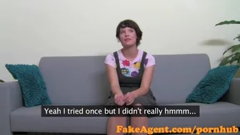 Cute brunette gives a blowjob and takes a huge facial during her casting interview