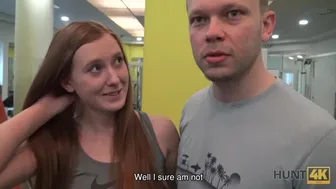 Attractive redhead and her boyfriend take cash for sex in public