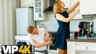 Blonde Russian tutor spreads her legs for her student in the kitchen