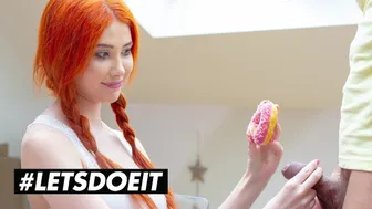 Fiery Redhead with Big Tits Earns a Donut with Rough Anal and Blowjob