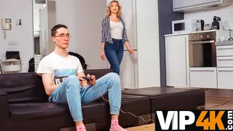Playful blonde Anna Krowe seduces her stepbrother for sex on the couch