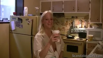 Skinny blonde twists her big nipples in close up POV kitchen play