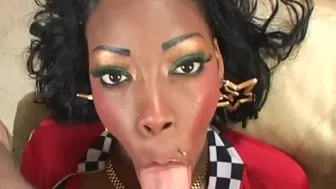 Ebony teen sucks big cock with her busty tits out