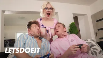 Blonde Backpacker Dominated by Two Muscular Studs in Hostel Threesome